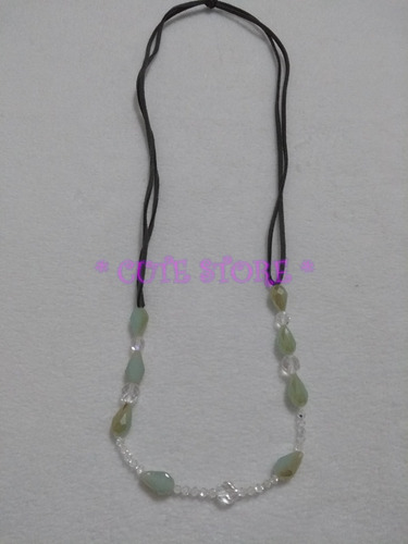 Colar Cristal Verde Comprido Cristais Cordão De Couro