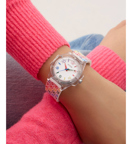 Reloj Guess Mini Hype Mujer Arcoiris Bisel Claro Fondo Blanco