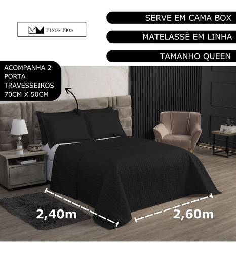 Cobre Leito Colcha Soft Queen 3 Peças Pastilhado Preto