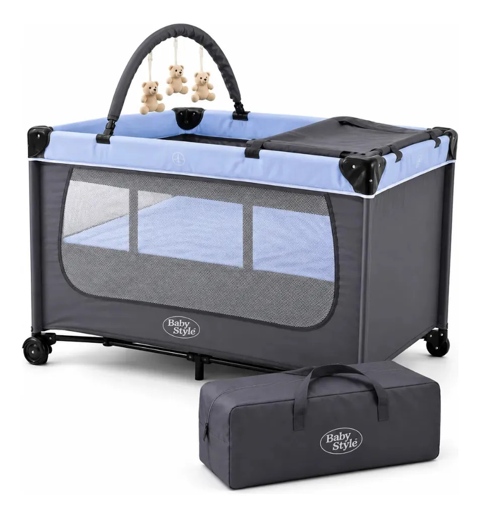 Berço Compacto Joly Chiqueirinho Com Trocador E Móbile Cor Azul Baby Style