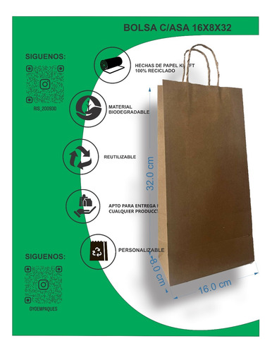 Bolsa Kraft C/asa Retorcida 16x8x32 Cm (50 Pzas) Kraft Lisa Kraft
