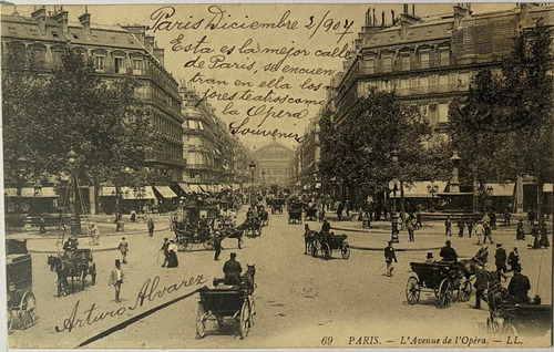 Antigua Postal, Avenida, Ópera, 1907, París, Francia, 4p038 (Usado)