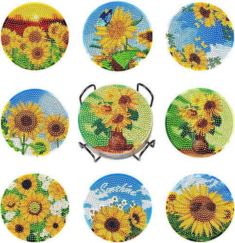 Juego 8 Posavasos Arte Diamante Con Soporte Flores Girasol D