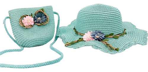 2 Sombreros Para Niña Con Flores + 2 Bolsos  Celeste Y Perla