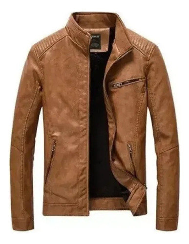 Chaqueta Térmica Con Cuello De Cuero Sintético Para Hombre Con Múltiples Bolsillos