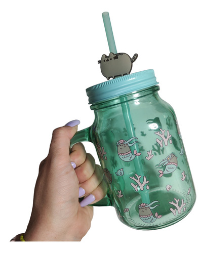 Tarro Pusheen Vidrio Con Tapa Y Popote Termo