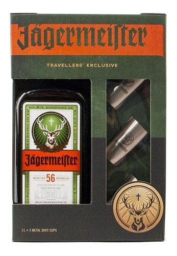 Licor Fino Alemão Jagermeister 1 Litro + 3 Copos Shot Inox