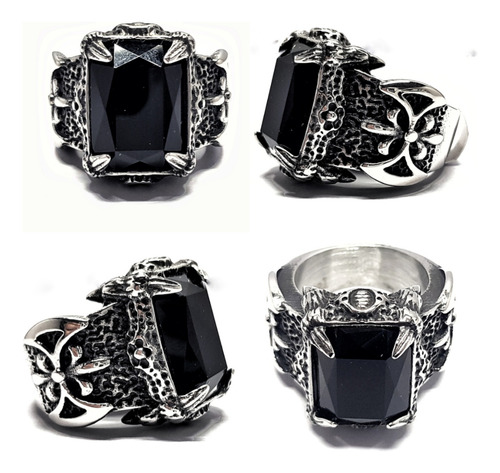 Anillo Tallado Medieval Con Piedra Negra En Acero Inox 316. Plateado 20mm
