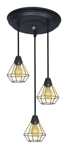 Lampara Colgante Vintage 3 Luces Jaula Diamante Negro Florón