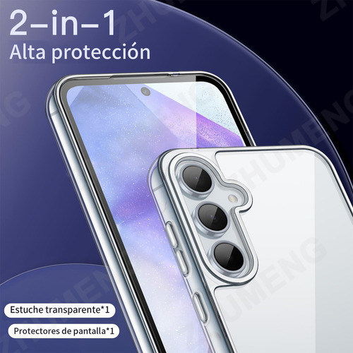 Funda 4 en 1 para Samsung Galaxy A55, incluye 2 protectores de pantalla HD, protector de cámara y carcasa trasera transparente antiamarilleo. Amortiguador de golpes y cristal templado.