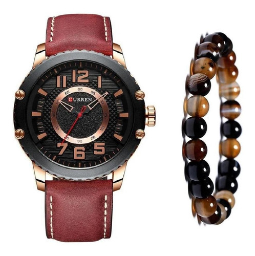 Relógio Dourado Masculino Curren Luxo + Pulseira De Bolinhas Cor do bisel Preto Cor do fundo Preto