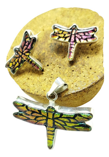 Set Dije Y Aretes De Libélula En Plata Fina .925 Y Dikroico Plata .925 Multicolor
