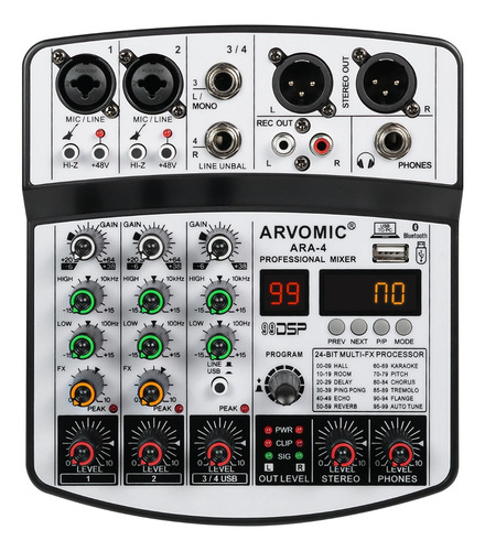 Mezcladora analógica Arvomic ARA-4/mixer amplificada de 4 Canales consola sonido 99 USB