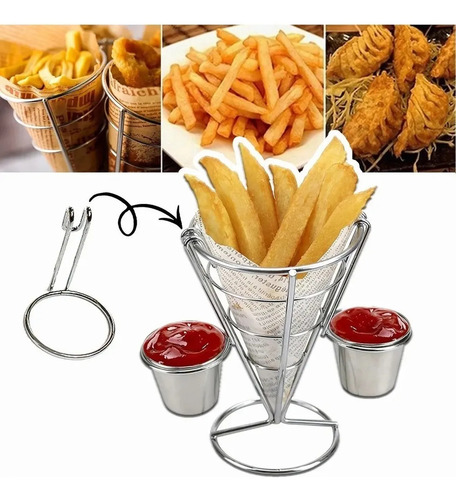 2 Cono Soporte Papas Fritas O Botana Acero Inoxidable 2 Dips