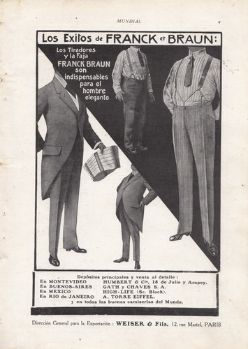 1912 Publicidad Francia Tiradores Y Faja Brack Et Braun 