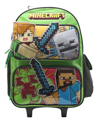 Mochila Escolar Minecraft Fun Con Carro Color Verde Diseño De La Tela Liso