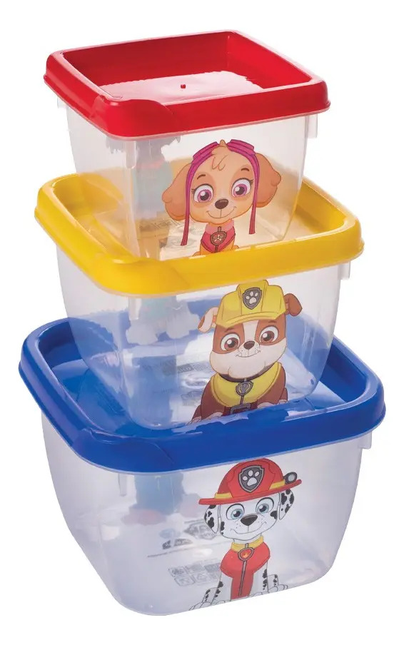 Kit 3 Potes Conect Quadrados Patrulha Canina Lanche Infantil