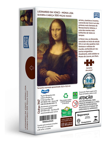 Quebra-cabeça Leonardo Da Vinci Mona Lisa 500 Peças Toyster
