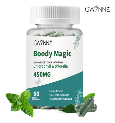 Gwynne Boody Magic Tabletas De Clorofila Natural Para El Olor Corporal Femenino Contiene 450 Mg De Clorofila Y Chlorella, Suplemento Desodorante Corporal Para Hombres Y Mujeres,60 Cápsulas