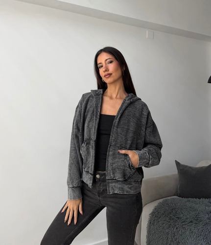 Campera Buzo Jaspeado Con Capucha Mujer Moda Vintage Premium