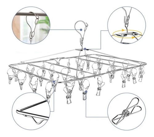Mini Varal Dobrável 30 Prendedores De Roupa 100% Inox Cor Inox Polido