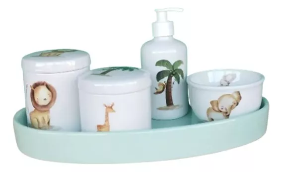 Kit Higiene Porcelana Branco Safari  Bandeja Louça Verde 