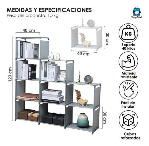 Estante Almacenamiento 9 Cajoneras Librero 120x123cm Mueble Color Gris Claro