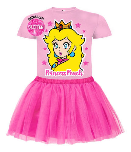 Disfraz Vestido Princesa Peach  Polera + Tutú Niñas Detalles Glitter Rosado