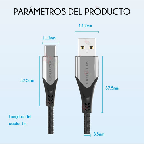 Cable Usb 2.0 A Tipo C Vention 1m Carga Rápida Datos 3a Color Negro