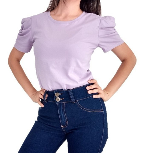 Imagen 2 de 4 de Camiseta Blusa Mujer Manga Ancha Bombacha Lila Cuello Redond