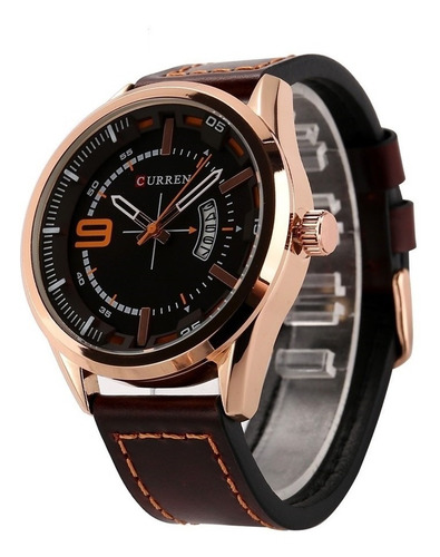 Relógio Masculino Curren Luxo Dourado Pulseira Couro Marrom