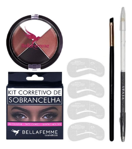 Kit Delineador Sombras Sobrancelhas + Pincel + Moldes Belle 