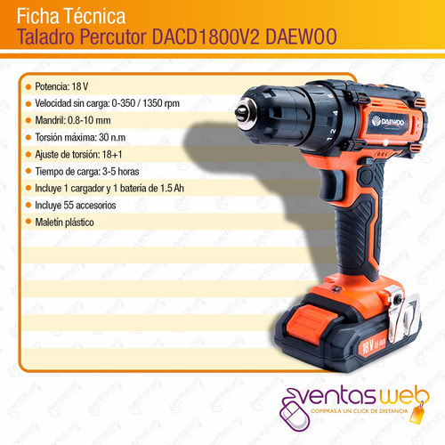 Imagen 9 de 10 de Taladro Percutor Inalambrico Daewoo Set Herramientas +regalo