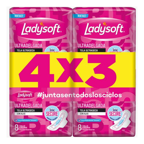 Toallas Femeninas Ladysoft Ultra Delgada Seca 4x3 Paquetes.