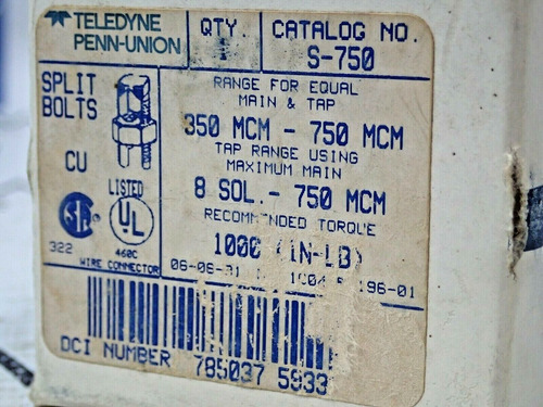 New Teledyne Penn Union S-750 Split Bolt 350-750 Mcm Ttj