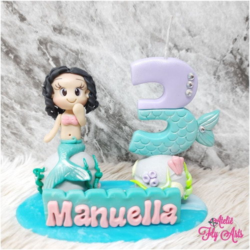 Imagem 7 de 9 de Topo Bolo Personalizado Biscuit Vela Sereia , Fundo Do Mar