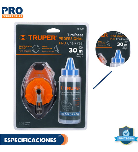 Tiralíneas Profesional 30m (100 Ft) Plástico Con Gis, 18575