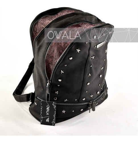 Mochila Simil Cuero Mujer Facultad Tachas Divisiones Cierres