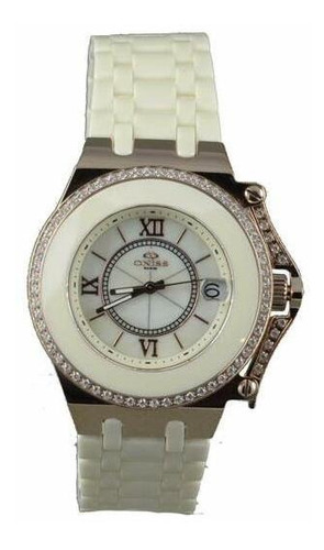 Reloj Mujer Oniss Ivory Ceramic Date Diamond Rose Oro Accent