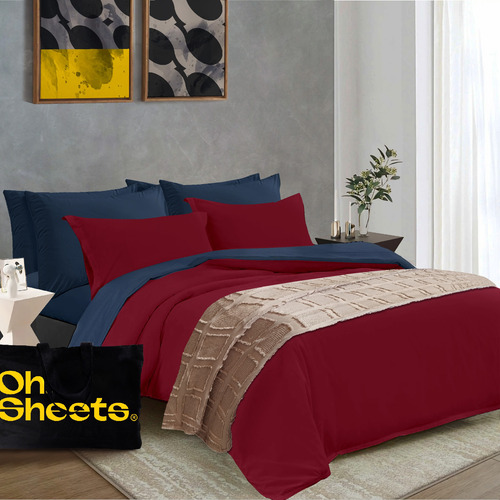 Oh! Sheets Juego De Edredon Microfibra 11 Piezas Queen Size Rojo / Azul Marino Lisa