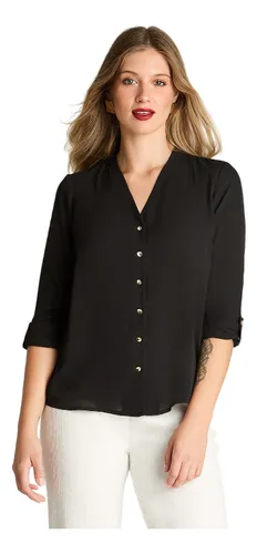 Blusa Escote V Manga Larga Negro Mujer Moda Hasta Xxxl