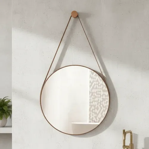 Espelho Redondo Decorativo Couro 40cm + Pino Completo