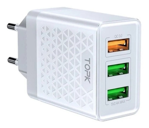 Carregador Rápido Topk 3 Portas Usb Qc3.0 30w 3a Branco