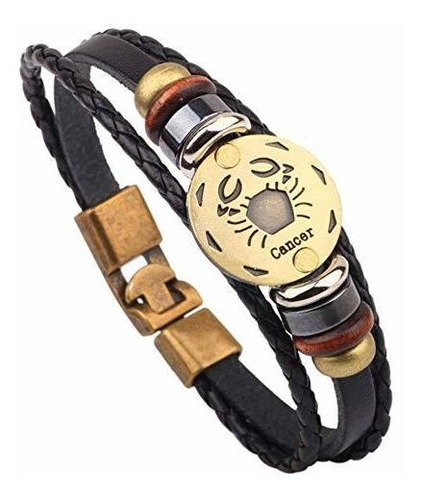 Brazalete - Braided Bead Black Leather Wrap 12 Zodiac Conste