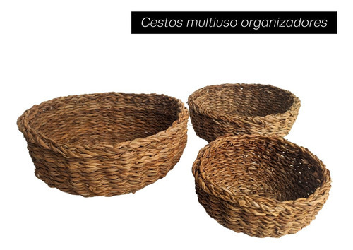 Juego de 3 cestas de paja natural, cestas de mimbre, color guaraní