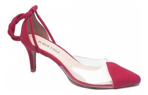 Imagem 6 de 6 de Scarpin Vermelho Com Vinil Transparente Saltinho Fino Baixo
