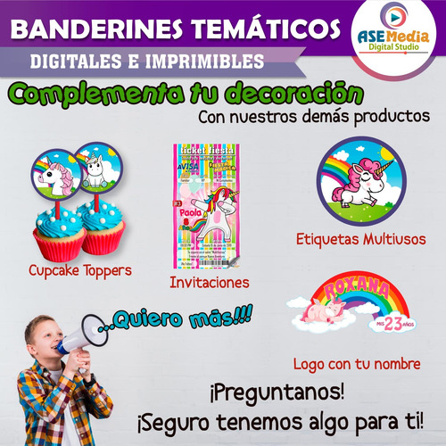 Banderín Unicornios Letrero Banner Cumpleaños Imprimible Pdf