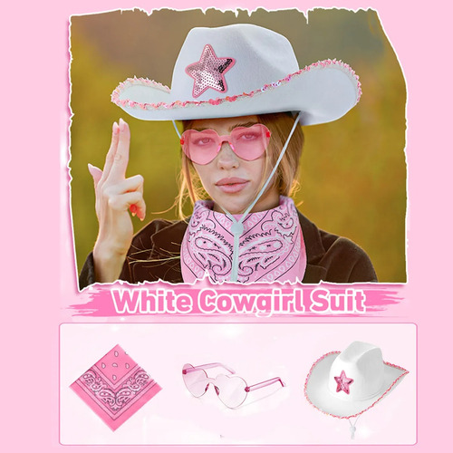 Sombrero Vaquero De Fiesta+lentes Forma De Corazon Y Pañuelo