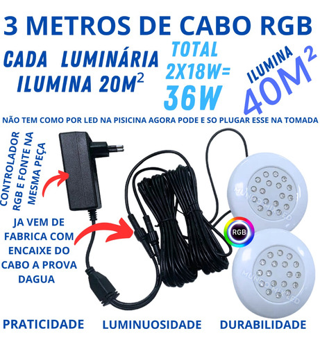 Kit 02 Luminaria Led Rgb 18w + Cabo 3mts Fonte Controladora