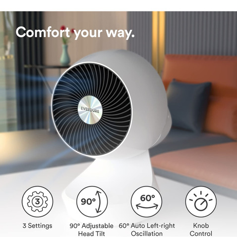 Ventilador De Sobremesa Everdure, 23 Cm, Oscilante, 3 Veloci